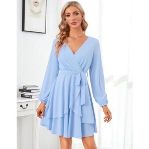 Light Blue Wrap Midi Dress with Tie Waist